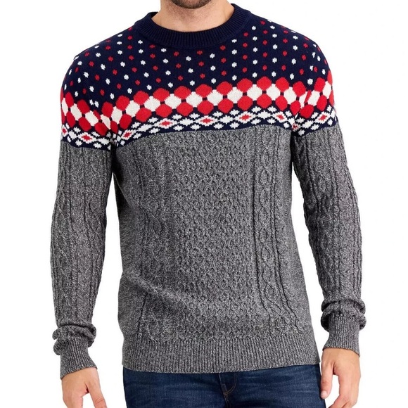 Club Room Men's Fair Isle Sweater Red Navy Blue Combo Size Large Cotton Festive - Picture 1 of 9